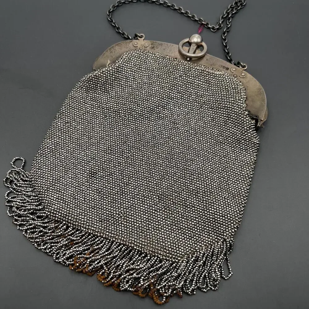 Antique Victorian Cut Steel Beaded sterling Silver Chatelaine Leather Clutch Pu